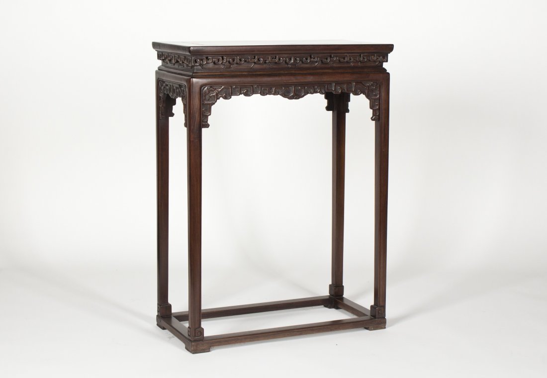 Chinese Hardwood Altar Table: Chinese Hardwood rectangular form Altar Table with finely carved and high polished, of straight leg. Length 25" Width 12.5" Height 34"
