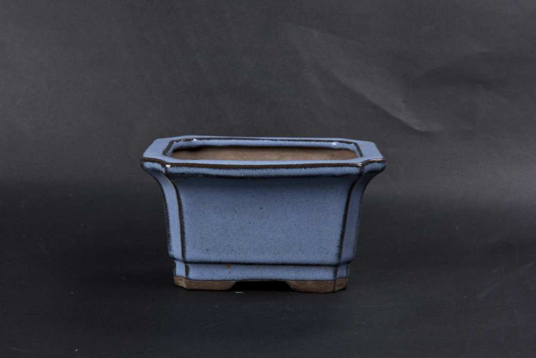 Zisha mini-Flowerpot: A four-footed Zisha mini-flowerpot, Blue-Glazed on exterior and top. Length 4.75'' Width 3.5'' Height 2.75''