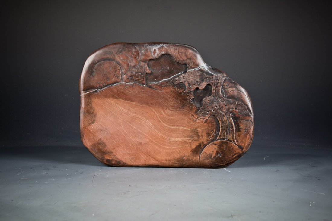 Red Silk Inkstone: A Fine Red Silk Inkstone with Chinese Calligraphy on one side and Tree&Building Scene on the other side. Length 7'' Width 5'' Height 1''