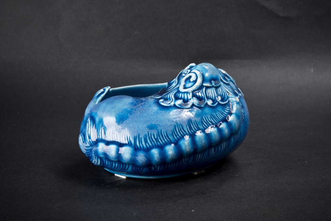 Beast Porcelain Brush Washer: A finely Polished Blue Porcelain Brush Washer formed with a beast. Bottom Calligraphy Seal. Length 4.5'' Width 3.5'' Height 2.5''