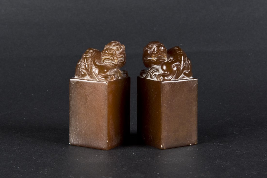 Pair of Seal-Shaped Beast Soapstones: Pair of Seal-Shaped Soapstones with symmetric carved beast on top. Height 2.75'' Width 1.25''