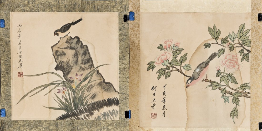 Chinese Bird Painting x2: Two Chinese Bird Paintings, Calligraphy Signature with Red Seal on each. by WANG Yun Width 11.5'' Length 12'' / by MA Mei Width 12.25'' Length 12.5''