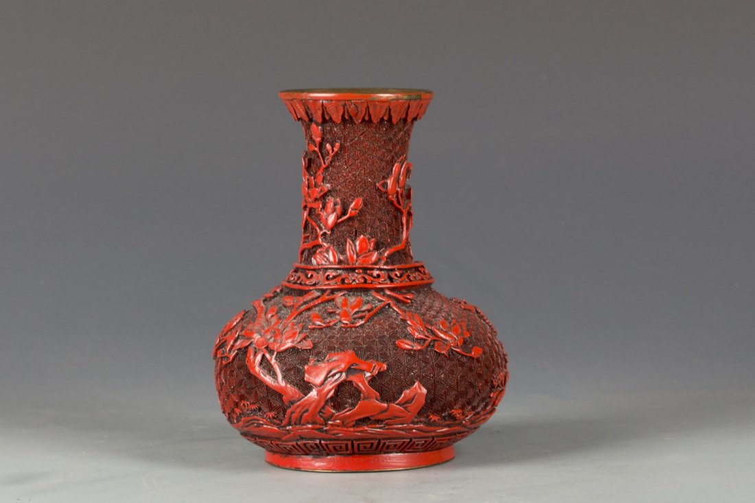 Red Lacquer Vase with floral and birds (1 of 4)