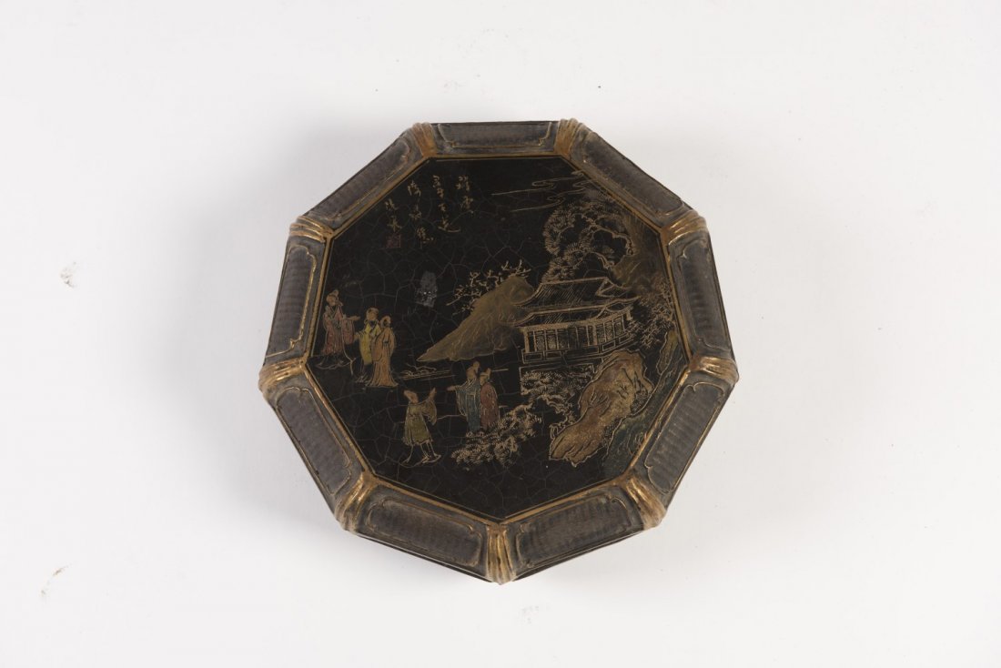 Lacquer Octagon Candy Box: Lacquer Octagon Candy Box of golden color painting with fine lines and vivid details. Diameter 11" Height 3.5"