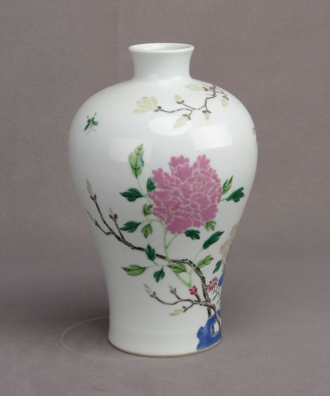 A Famille Rose Mei Vase: Qing Yongzheng Style Famille Rose Mei Vase with auspicious flower blossom paintings, six character seal on the bottom. Height 8.5"