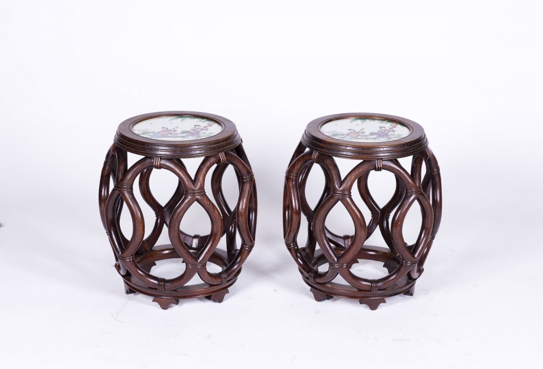 A pair of Round Hardwood Stools with porcelain seat (1 of 4)