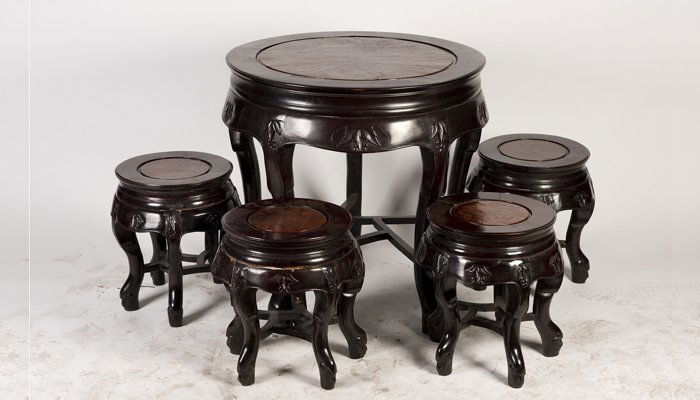 A SET OF ROSEWOOD TEATABLE AND FOUR STOOLS (1 of 3)