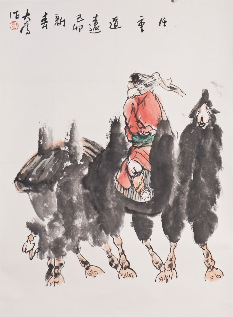 A CHINESE SCROLL PAINTING OF CAMELS: A Chinese scroll painting of one guy riding a herd of camels, with red seal, attributed to Liu Dawei. Height 27.5" Width 20"
