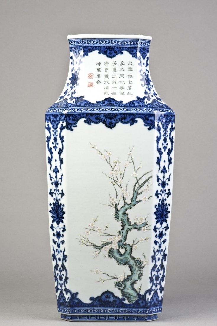 A PORCELAIN VASE WITH CALLIGRAPHY VERSES: the square vase featuring cartouche of a different flower trees on each side, tendrils and foliage in-between the paintings and by the foot ring, Chinese calligraphy verses with red seal on the neck, 