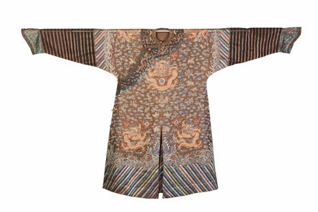 AN EMBROIDERED PUCE-GROUND IMPERIAL DRAGON ROBE: Worked in satin stitch and 'Peking knot' in shades of tenne, orange, blue and couched gold threads with eight five-clawed dragons chasing flaming pearls amidst clusters of clouds interspersed with cra