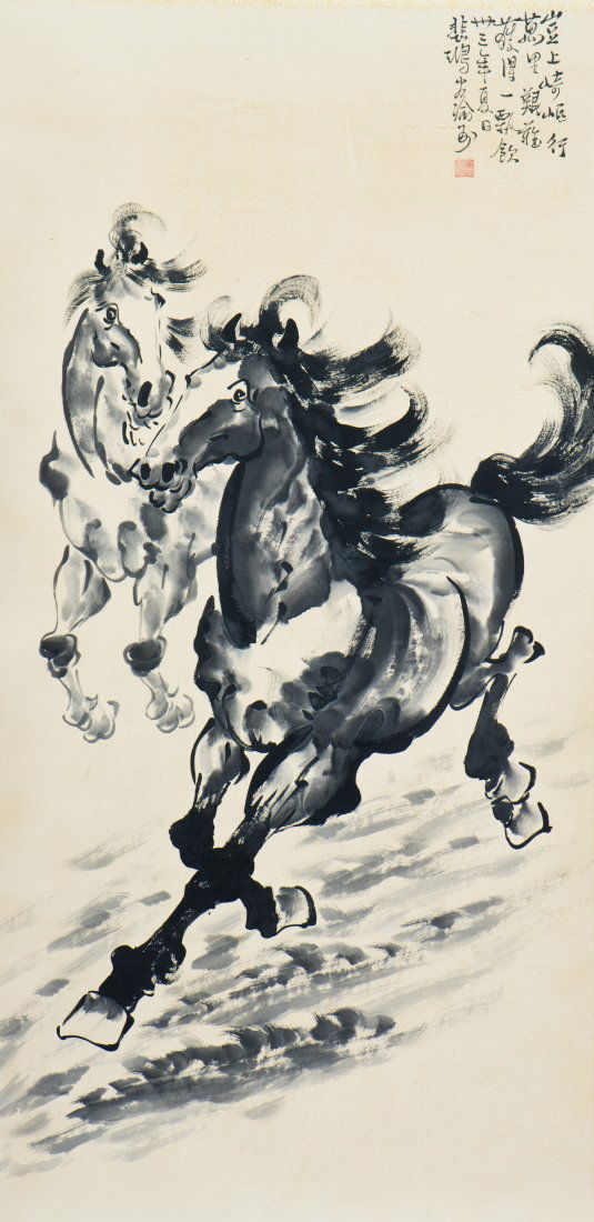 A CHINESE SCROLL PAINTING OF DOUBLE HORSES, AFTER XU (1 of 3)