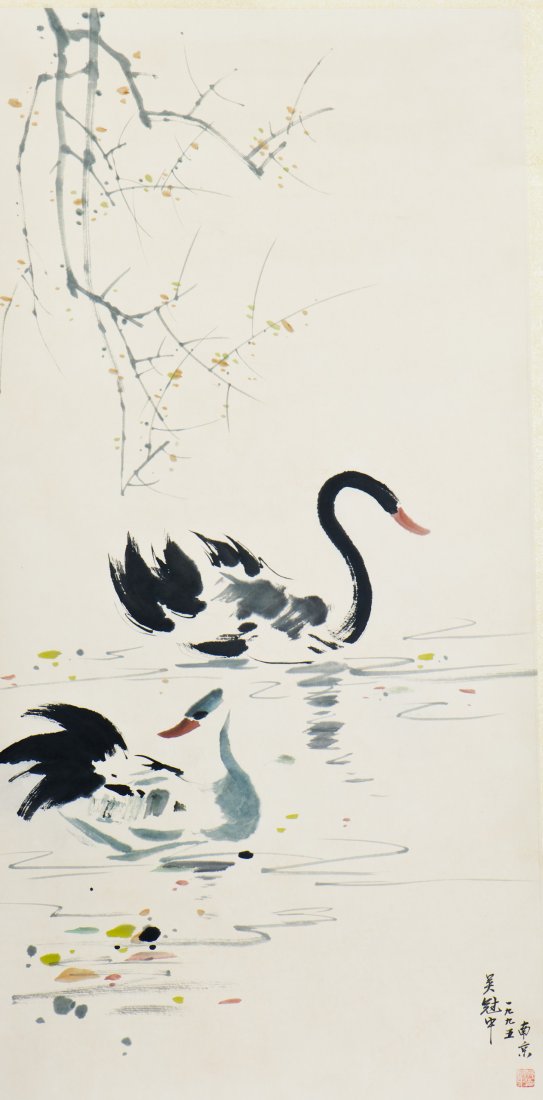 A CHINESE SCROLL PAINTING OF GEESE, AFTER WU GUANZHONG (1 of 3)
