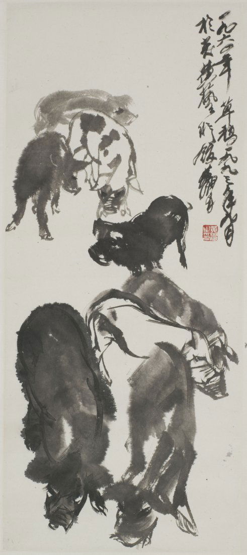 A CHINESE SCROLL PAINTING OF BULLS MOTIF, AFTER HUANG (1 of 1)