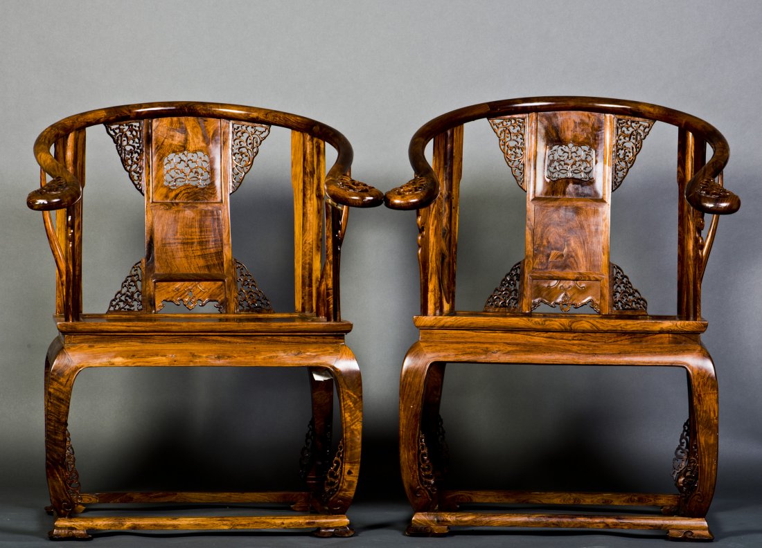 A PAIR OF HUANGHUALI HORSESHOE-BACK IMPERIAL CHAIRS (1 of 10)