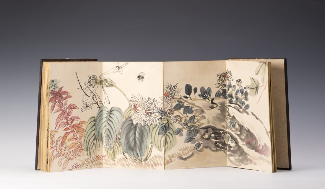 A CHINESE PAINTING ALBUM: A Chinese Painting album of plum blossoms, total 9 pages attributed to Guan Shanyue. Width 6.75" Length 11.5"