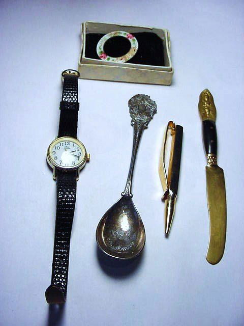 MISC LOT: VINTAGE ENAMEL PIN , SPOON, SWANK PENSIL, TIMEX WATCH & KNIFE