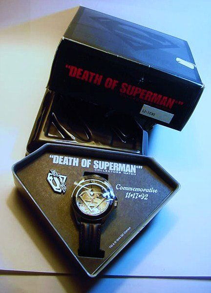 "DEATH OF SUPERMAN" WATCH ORIGINAL BOX: "DEATH OF SUPERMAN" WATCH ORIGINAL BOX THIS WATCH HAS THE ORIGINAL PLASTIC COVER ON THE WATCH FACE. IT HAS NEVER BEEN USED.