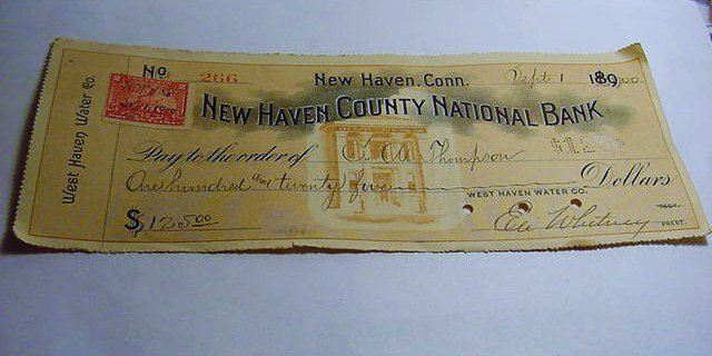 1890 NEW HAVEN NATIONAL BANK CHECK SIGNED ELI WHITNEY: 1890 NEW HAVEN NATIONAL BANK CHECK SIGNED ELI WHITNEY