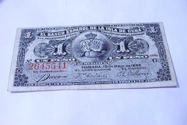 1896 CUBA 1 PESO BANKNOTE: 1896 CUBA 1 PESO BANKNOTE