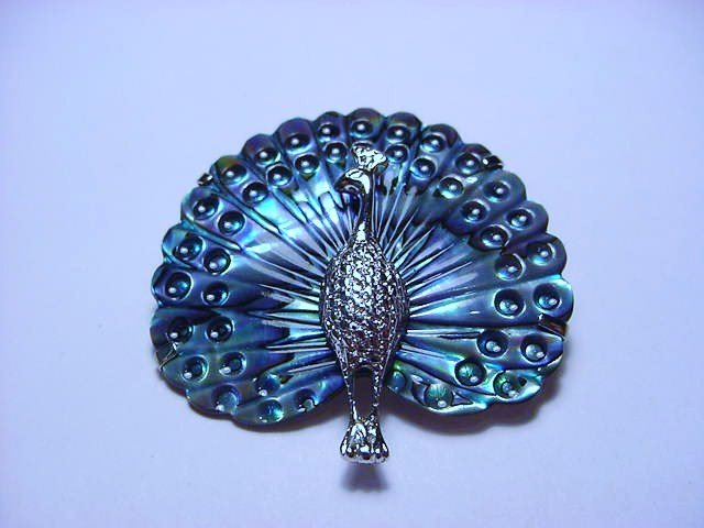 CARVED ABALONE PEACOCK PIN: CARVED ABALONE PEACOCK PIN