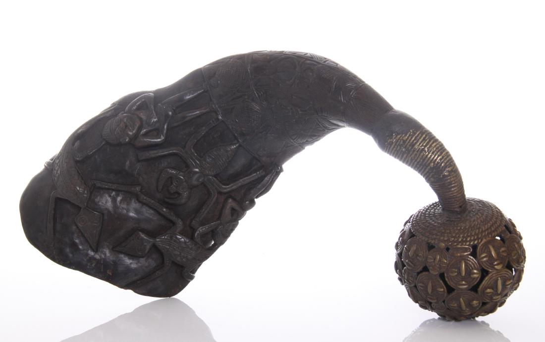 Antique African ceremonial drinking vessel ma: Antique African ceremonial drinking vessel made from a carved Buffalo horn and molded bronze ball base. Estimated more than 50 yrs old. African art is a term typically used for the art of Sub-Saharan 