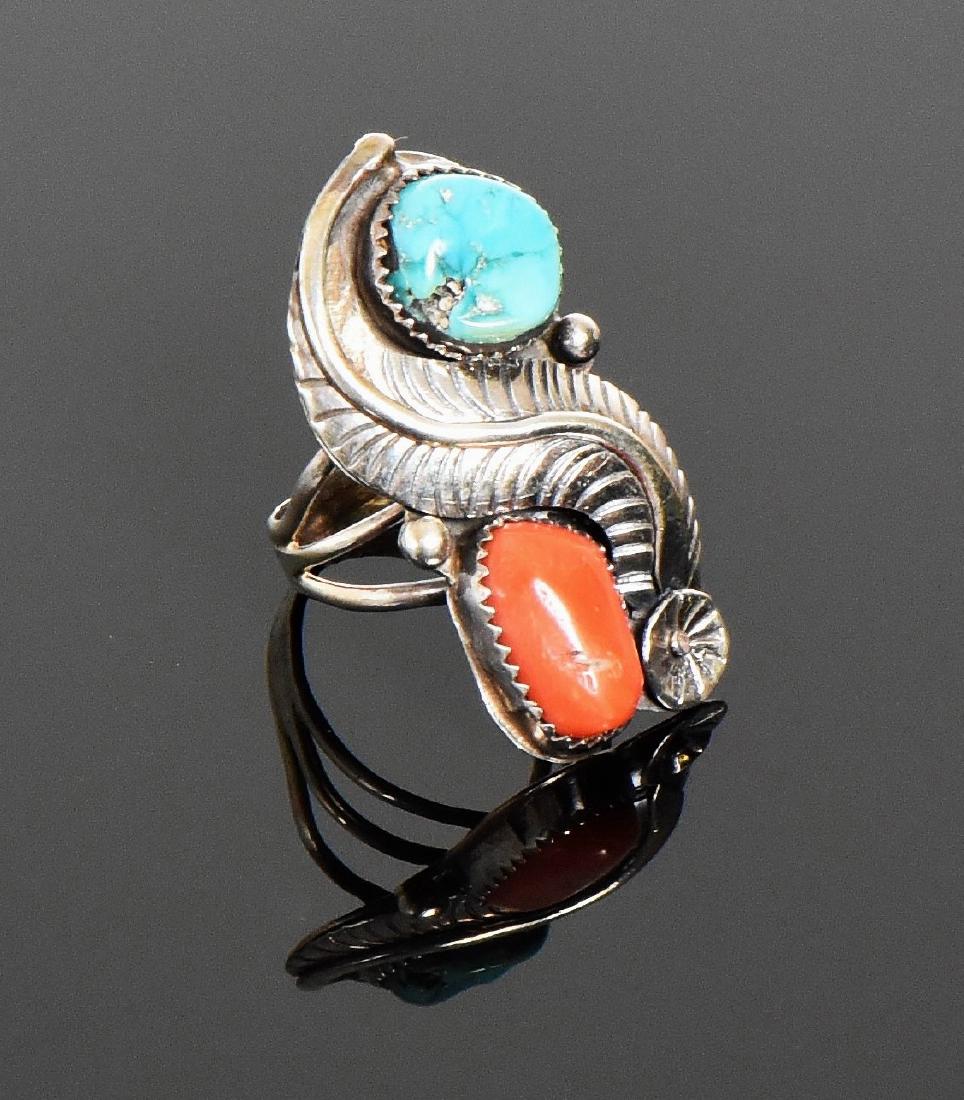 Navajo Turquoise And Red Coral Sterling Silve (1 of 5)