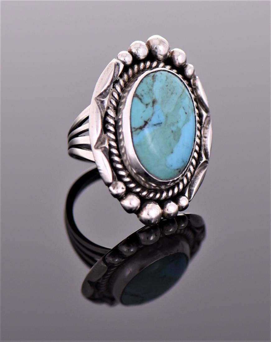 Mike Platero, Navajo South West Turquoise Ste: Mike Platero, Navajo South West Turquoise Sterling Silver Ring. Silver Tested. Ring Size 6. Estimated less than 50 yrs old. The Navajos are a Native American people of the Southwestern United States. 