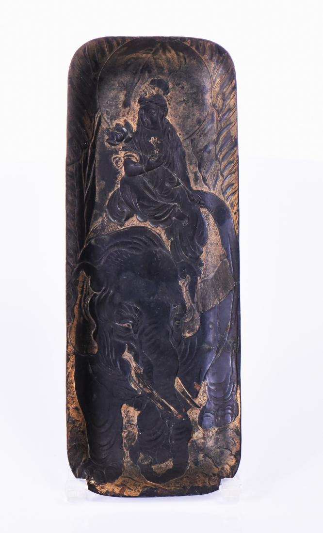 Antique Turkish Black Lacquered And Gold Gilt: Antique Turkish Black Lacquered And Gold Gilt Metal Pen Tray Depicting A Princess Or Goddess Riding An Elephant. Turkish Hallmarks Are Pressed Into the Bottom Side. Estimated more than 100 yrs old. (P