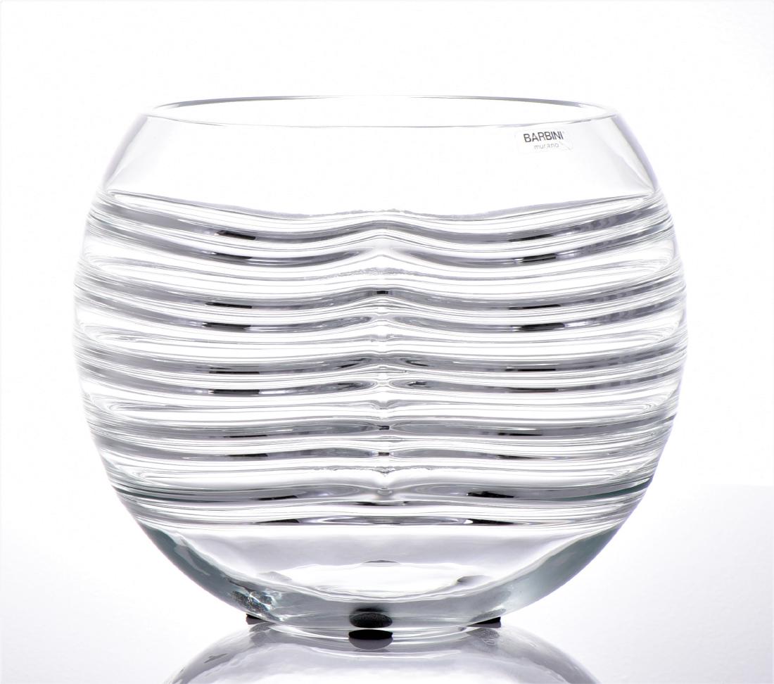 Alfredo Barbini Murano Glass Vase. Beautiful and u: Alfredo Barbini Murano Glass Vase. Beautiful and unusual Large Murano hand-blown crystal clear, indented and ribbed design art glass vase. Engraved Signature Barbini Murano on bottom and with Sticker 