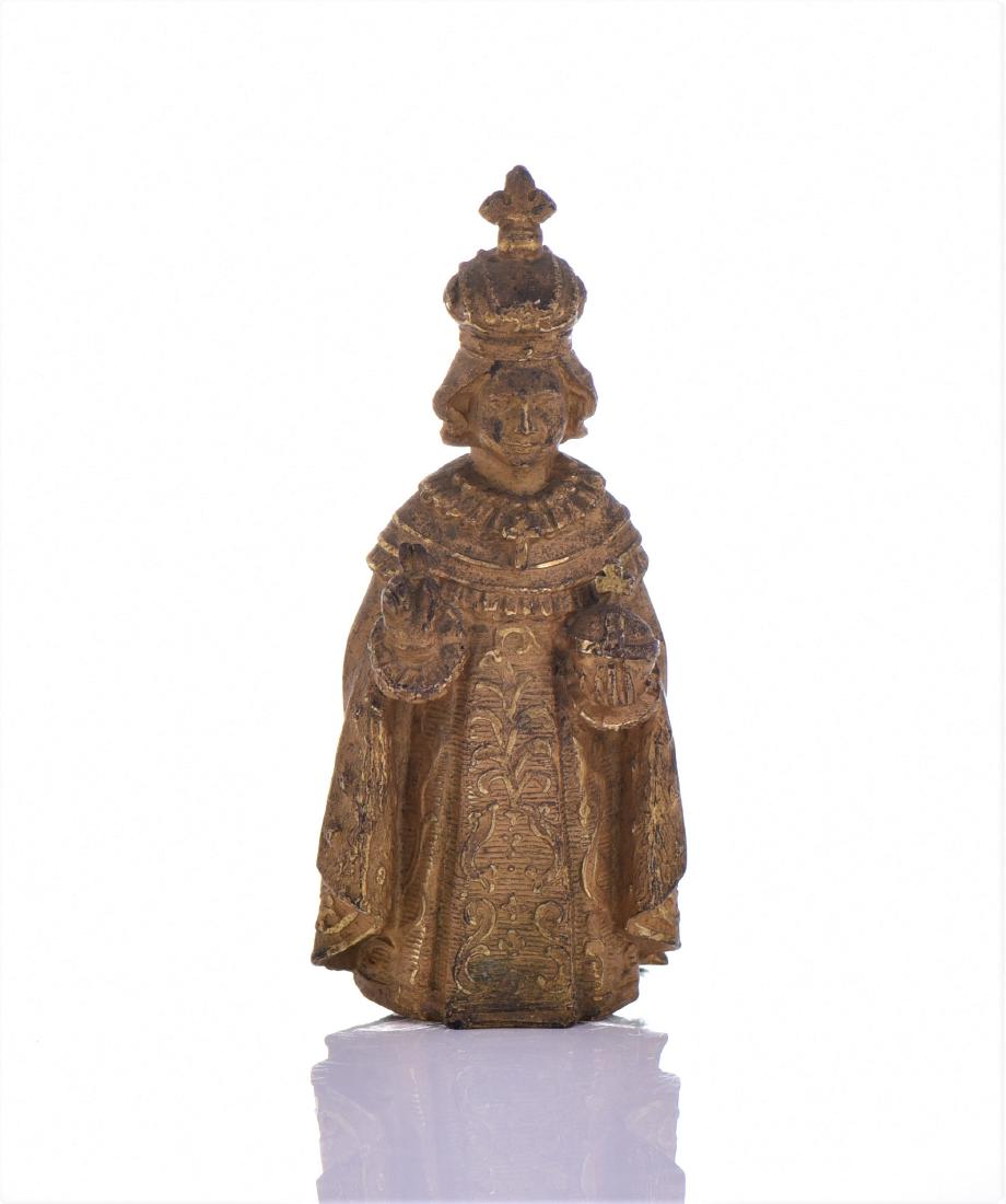 Rare French Antique Gold Gilt Staff Mount Of A Hol: Rare French Antique Gold Gilt Staff Mount Of The Infant of Prague, a rendition of the Child Jesus Wearing The Imperial Crown and holding the Imperial Orb In Left Hand. Markings: France. Estimated more