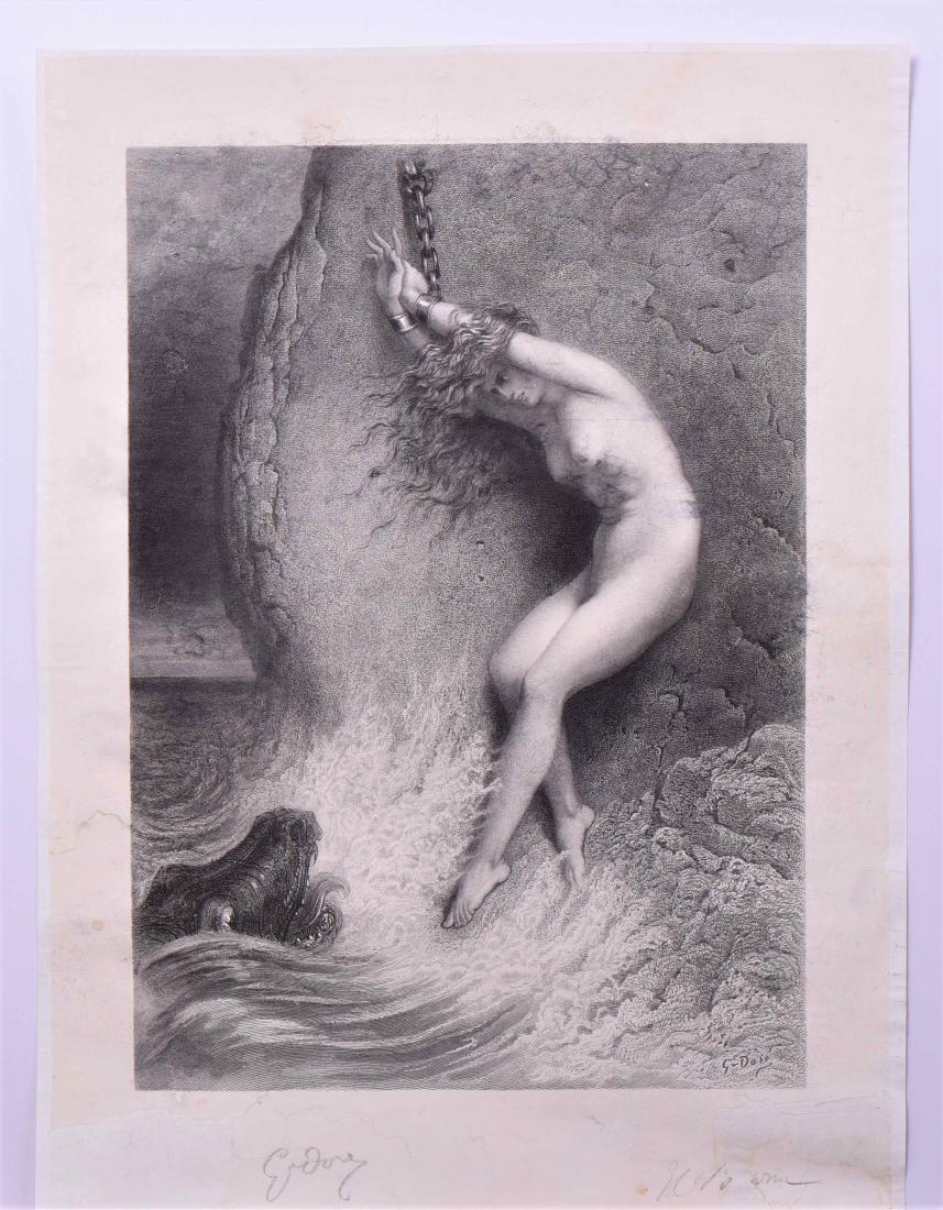 "Andromeda chained to the rock" Signed by Gustave: "Andromeda chained to the rock" Signed by Gustave Dore & Herbert Bourne Date: 1869 Image size 12" x 16 3/4" Restored to remove foxing and re-laid on archive backing. Extremely rare find, at the time o