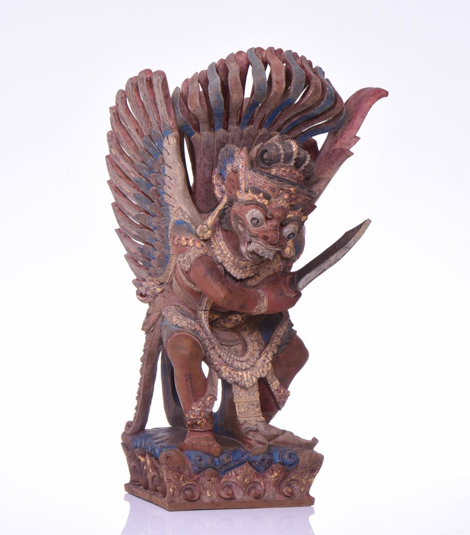 Large Garuda Temple Deity Polychrome Wood Sculpture fro: Large Garuda Temple Deity Polychrome Wood Sculpture from Bali South East Asia. The Garuda is a large mythical bird like creature, or humanoid bird that appears in both Hindu and Buddhist mythology. Ga