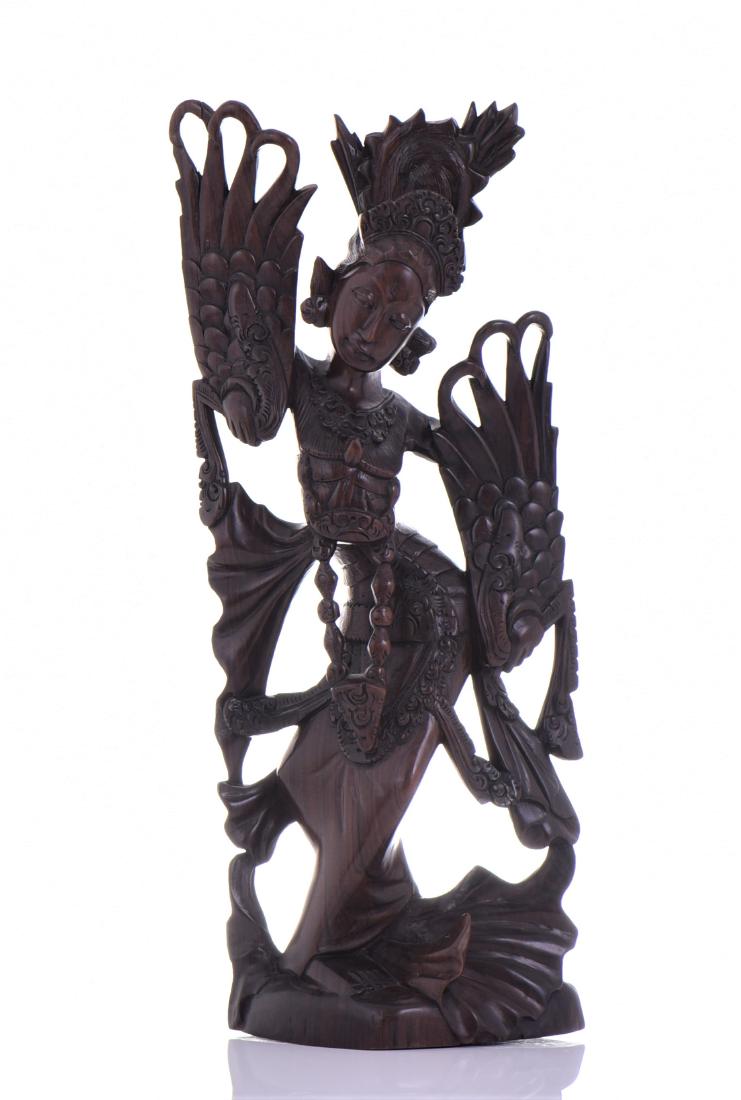 Beautiful Southeast Asia Bali Exotic Wood Dancer.: Beautiful Southeast Asia Bali Exotic Wood Dancer. Condition Report: Age Wear Cracks At Top Of Sculpture Have An Old Repair. Estimated more than 50 yrs. old. Indonesian art consists of various artistic