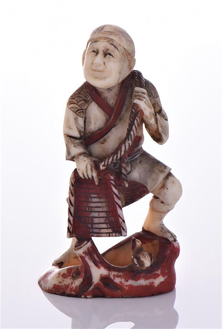 Japanese Netsuke Carved From A Horn With Red Polyc (1 of 5)