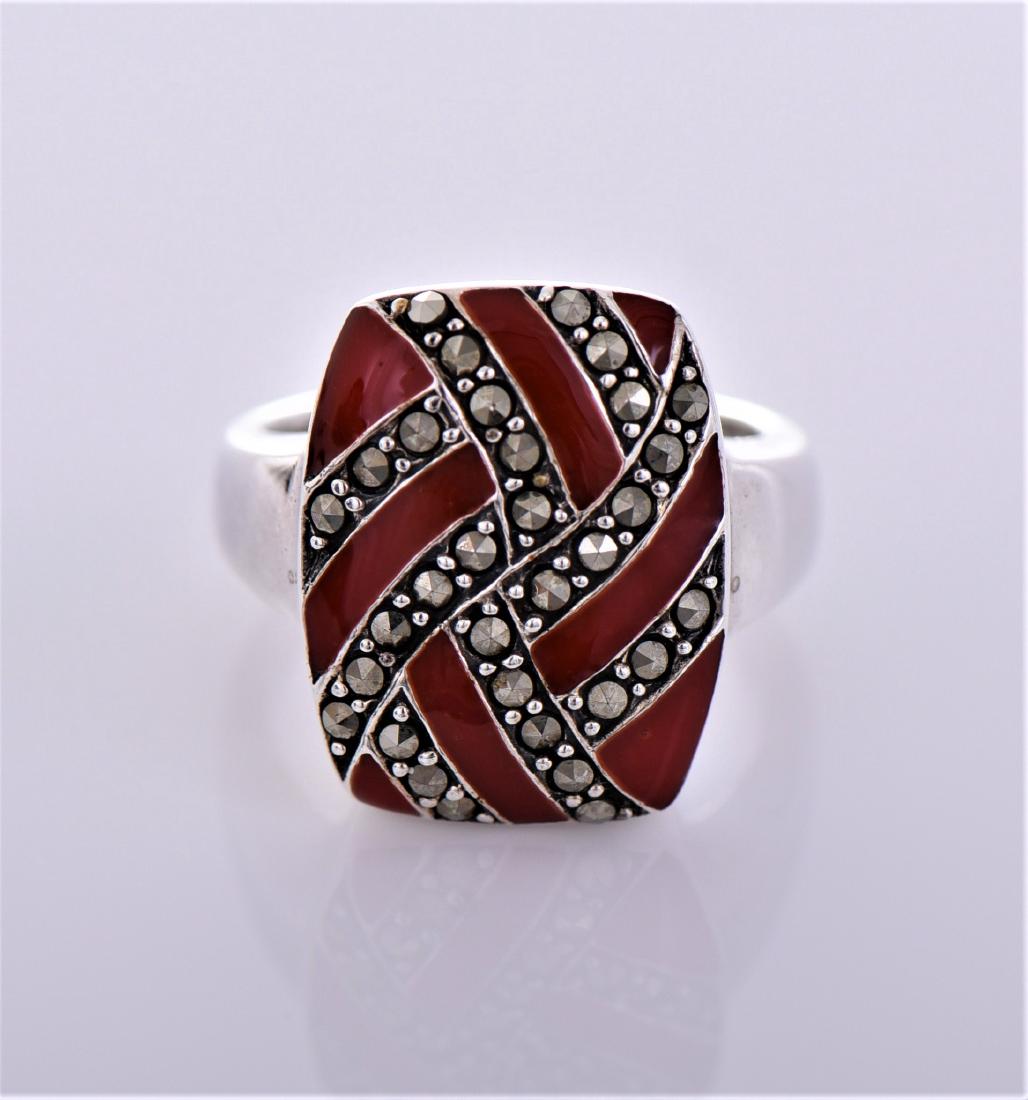 Marcasite Red Enamel Sterling Silver Ring, (1 of 6)