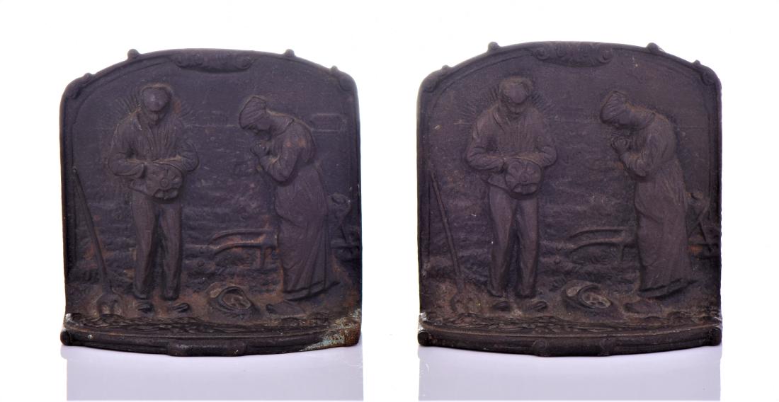 Vintage cast iron bookends feature a scene: Vintage cast iron bookends feature a scene from the famous painting, The Angelus, which depicts devout farmers in prayer for their crops. Estimated more than 75 yrs old. Size and/or Weight: See Measur