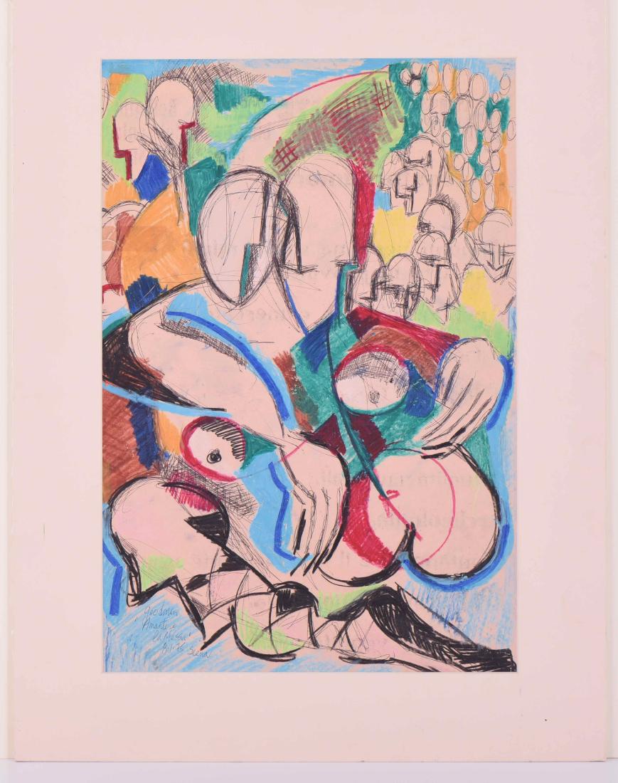 Bertram A Goodman (1904 - 1988) Original: Bertram A Goodman (1904 - 1988) Original abstract crayon and pen drawing, artist signed, 1975, "Amante e la messa" Eroticism, couple making love in front of an audience. Size 18.5 x 12.5 inches. Estim