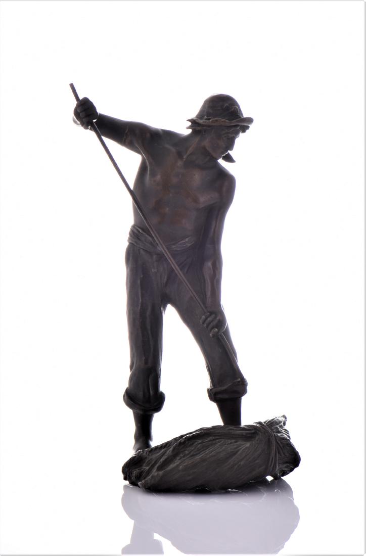 Antique French Bronze Sculpture of A Farmer Baling: Antique French Bronze Sculpture of A Farmer Baling Hay. Unsigned And Head of Pitchfork Missing. Estimated more than 100 yrs old. European art encompasses the history of visual art. Artistic developmen