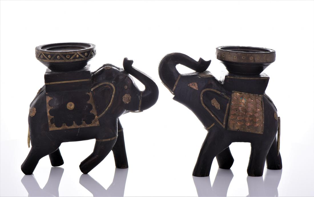 Two Vintage Indian Heavy Wood And Brass Elephant (1 of 7)