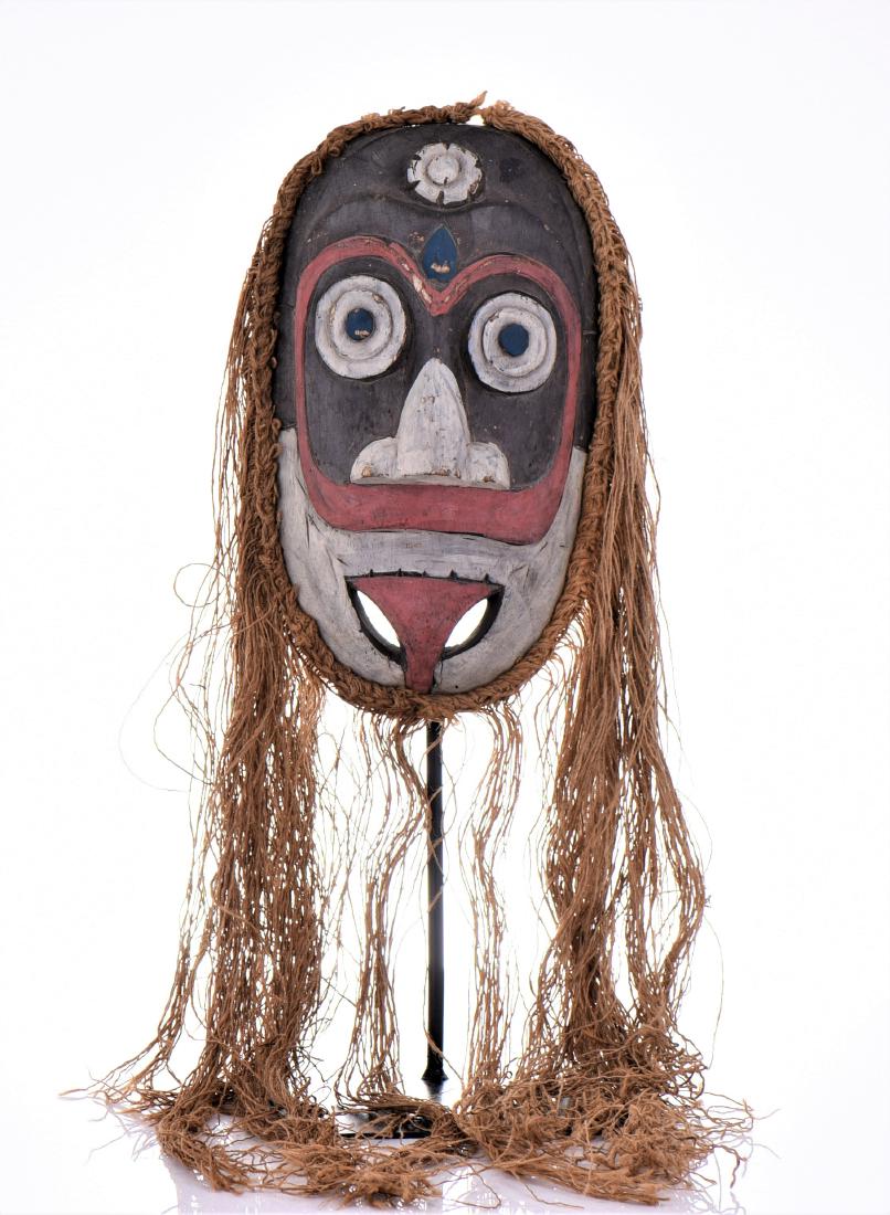 South Pacific Islander Dance Mask, Hand Painted: South Pacific Islander Dance Mask, Hand Painted Polychrome Mask With Raffia Wig And Beard. Estimated more than 75 yrs old. Oceanic art is the creative works made by the native peoples of the Pacific I