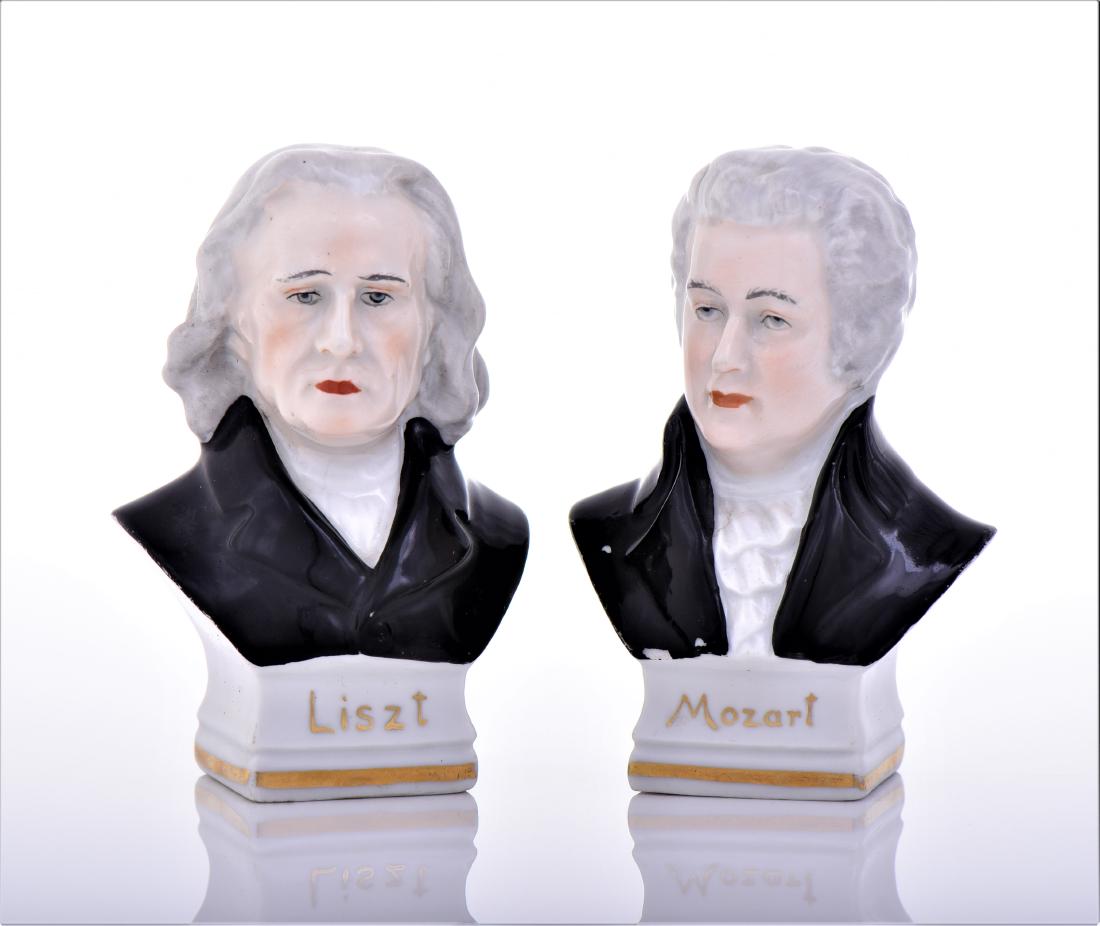 Vintage Capodimonte Erphila Porcelain Busts of: Vintage Capodimonte Erphila Porcelain Busts of Mozart and Liszt, famous musical composer. Estimated more than 75 yrs old. (Pangaea Auctions) Size and/or Weight: See Measurement Photo. (Photos Represen