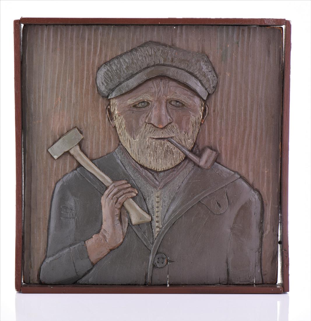 Wood Carved Relief of a Longshoreman or Fisherman: Wood Carved Relief of a Longshoreman or Fisherman With Pipe and Axe. Estimated more than 50 yrs old. American art is visual art and started with colonial art on the East Coast where artists initially