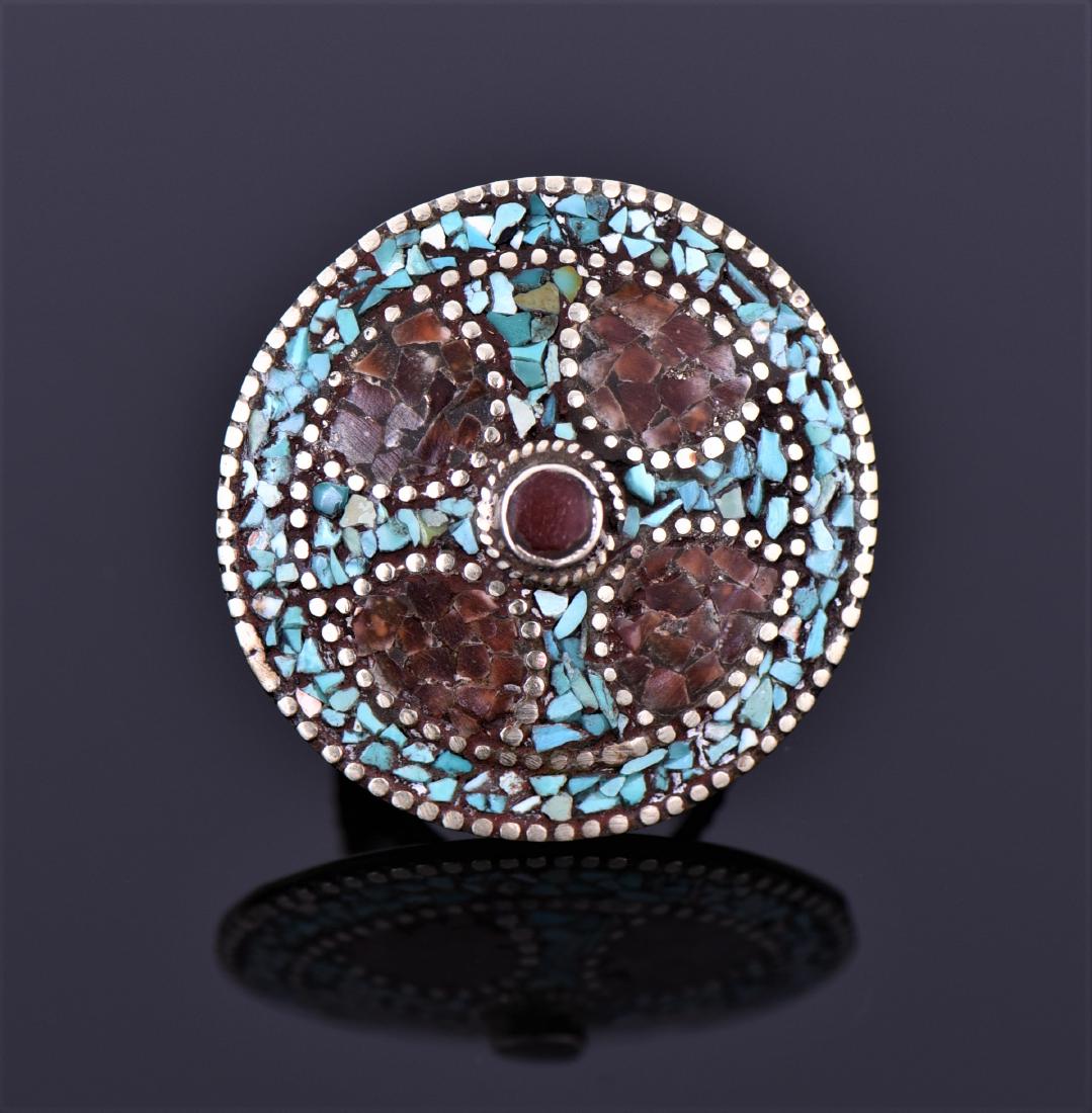 Tibetan Silver Turquoise And Carnelian Ring.: Tibetan Silver Turquoise And Carnelian Ring. Ring Size 9. Estimated more than 50 yrs old. Tibetan silver is used primarily in jewelry components, and is similar to pewter - an alloy of copper, and som