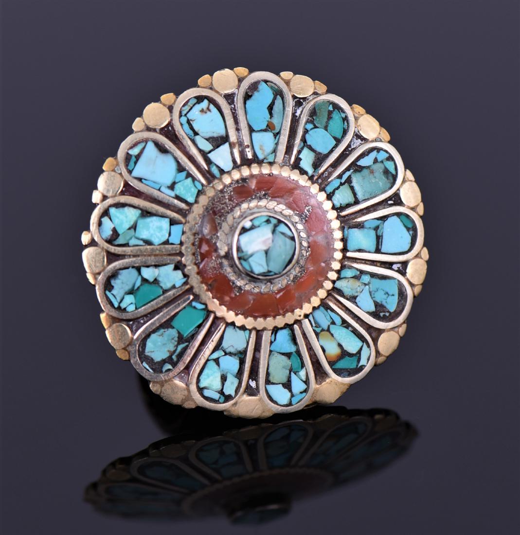 Tibetan Silver Turquoise And Carnelian Ring.: Tibetan Silver Turquoise And Carnelian Ring. Ring Size 8.5. Estimated more than 50 yrs old. Tibetan silver is used primarily in jewelry components, and is similar to pewter - an alloy of copper, and s
