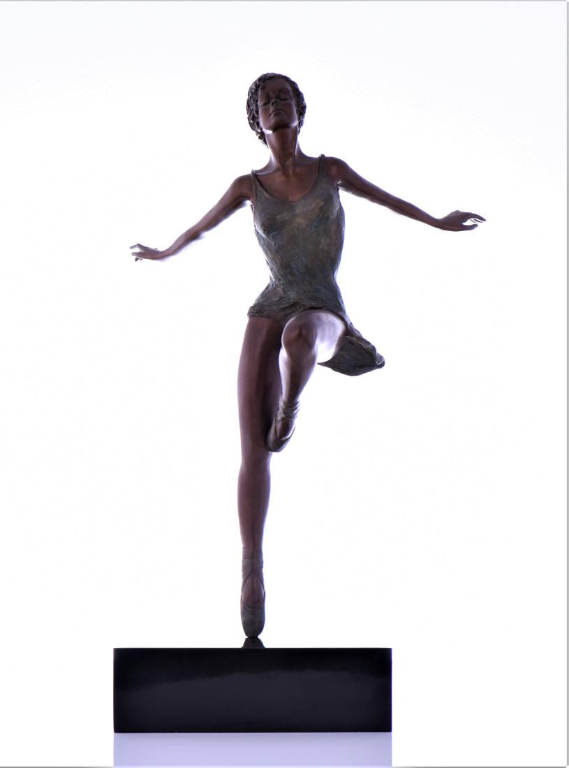 Peggy Mach, Ballerina Solid Bronze Rotating: Peggy Mach, Ballerina Solid Bronze Rotating Sculpture on Granite Base, Numbered 117/250. Estimated less than 50 yrs old. American art is visual art and started with colonial art on the East Coast wher