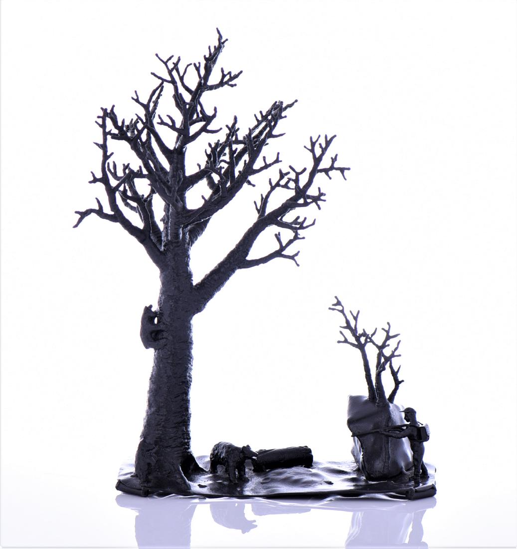 Early 1900's To Mid Century Metal Sculpture: Early 1900's to Mid Century Metal Sculpture Of A Bear Hunt. Estimated more than 50 yrs old. American art is visual art and started with colonial art on the East Coast where artists initially relied on