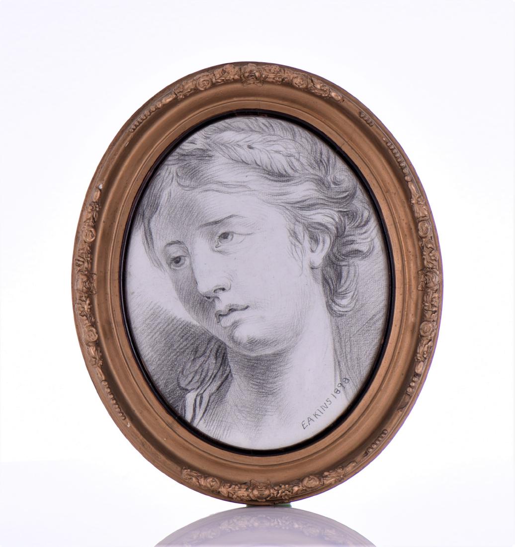 Thomas Eakins 1844-1916, Original Pencil: Thomas Eakins 1844-1916, Original pencil drawing Signed and dated 1898. Well listed artist. Original 10 x 12 inch oval frame, minor distress, original poured glass. New museum mounting Estimated more