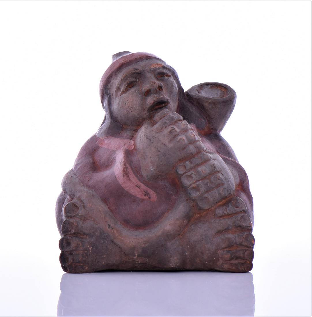 Taller Amerindio, Mid Century Chilean: Taller Amerindio, Mid Century Chilean Clay Pottery Sculpture Of An Indigenous Flute Player. Signed Taller Amerindio Chile. Estimated more than 50 yrs old. Size And Weight: See Last Photo If Applicable