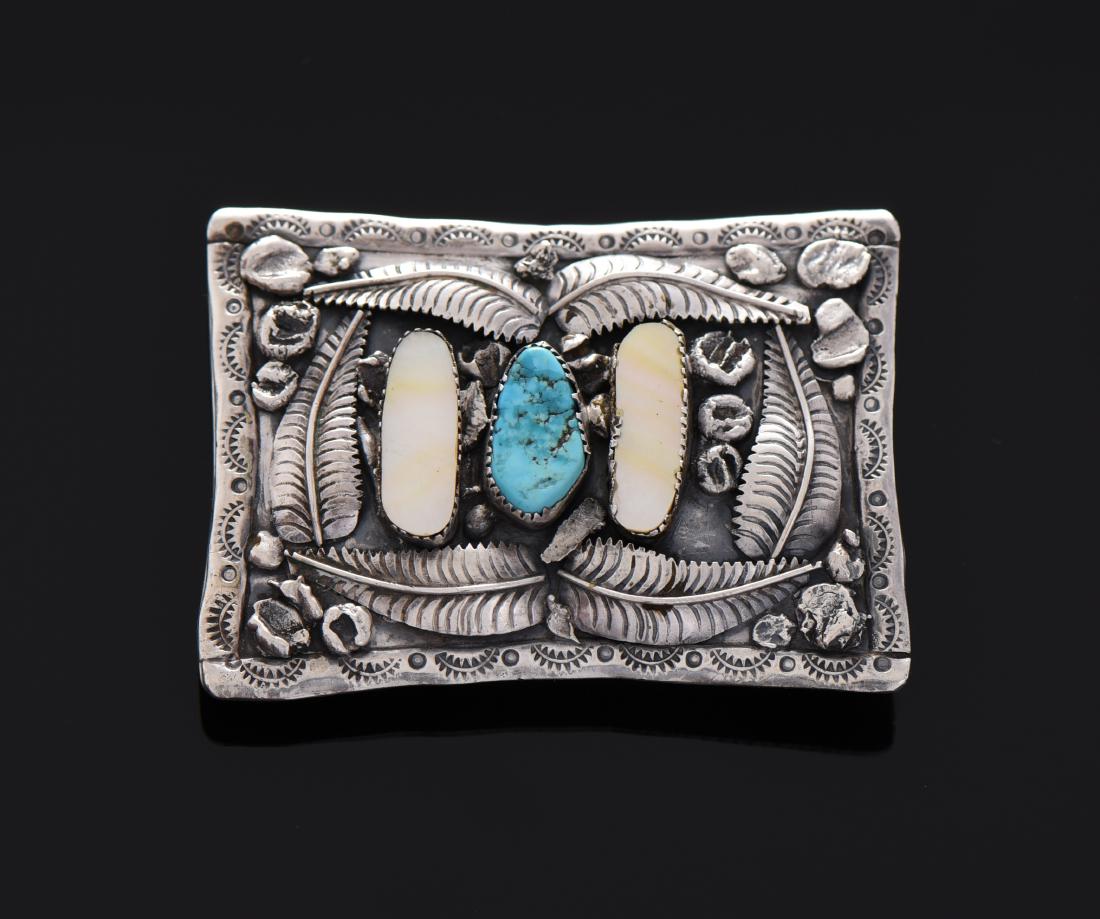 Old Pawn Sterling Silver Belt Buckle: Old Pawn Sterling Silver Belt Buckle With Blue Turquoise And Mother of Pearl. Estimated more than 50 yrs old. Native Americans also known as American Indians or just simply Indians are considered to b