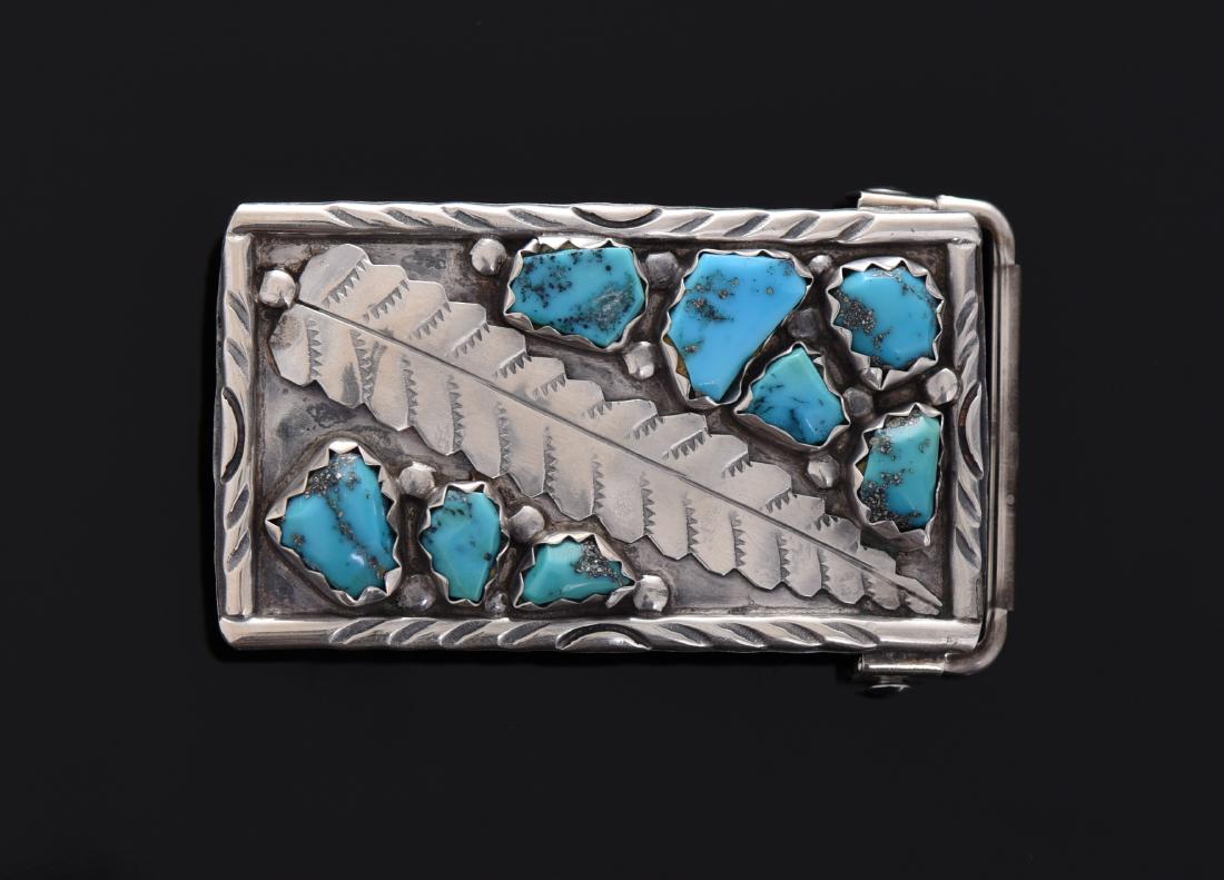 Wayne C. Turquoise Sterling Silver Belt: Wayne C. Turquoise Sterling Silver Belt Buckle. Estimated more than 50 yrs old. The Zuni Native Americans live in the Pueblo of Zuni on the Zuni River in western New Mexico. Archaeology suggests that 